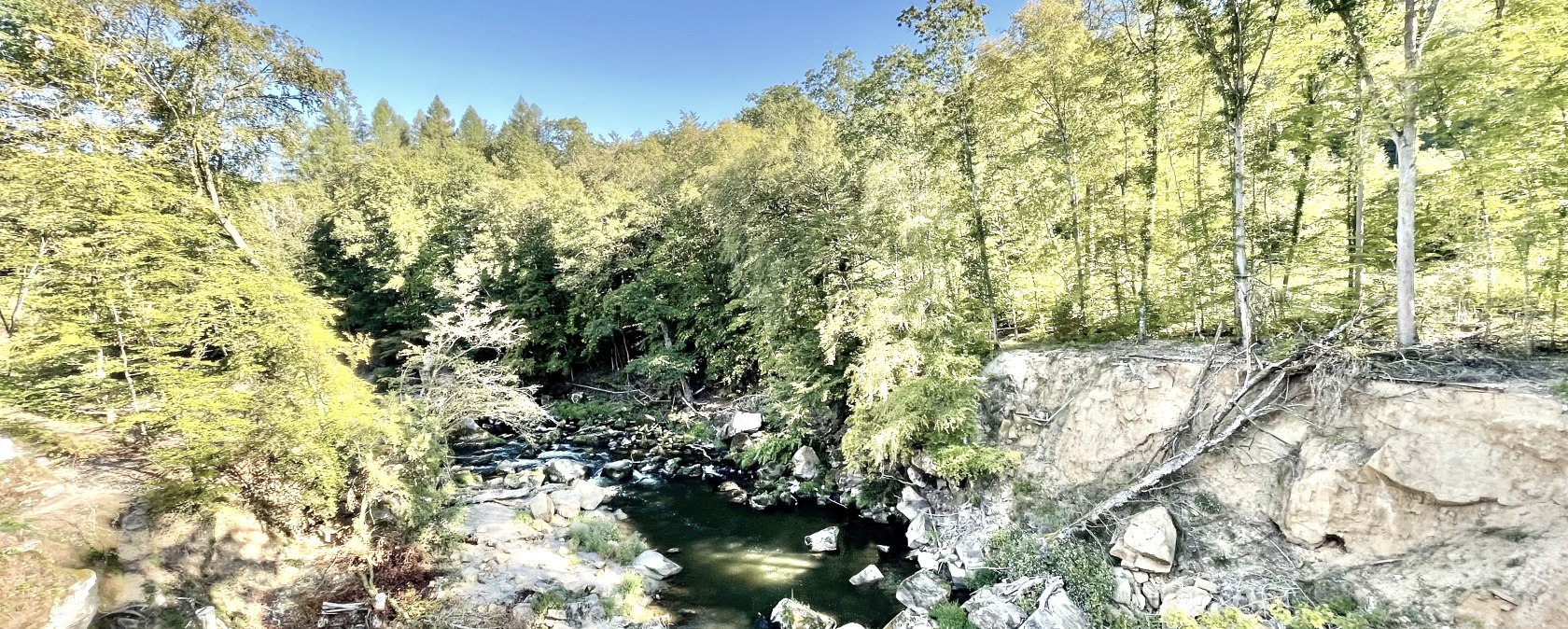 Blick von der Hängebrücke auf die Stromschnellen der Prüm, © Naturpark Südeifel, Ansgar Dondelinger